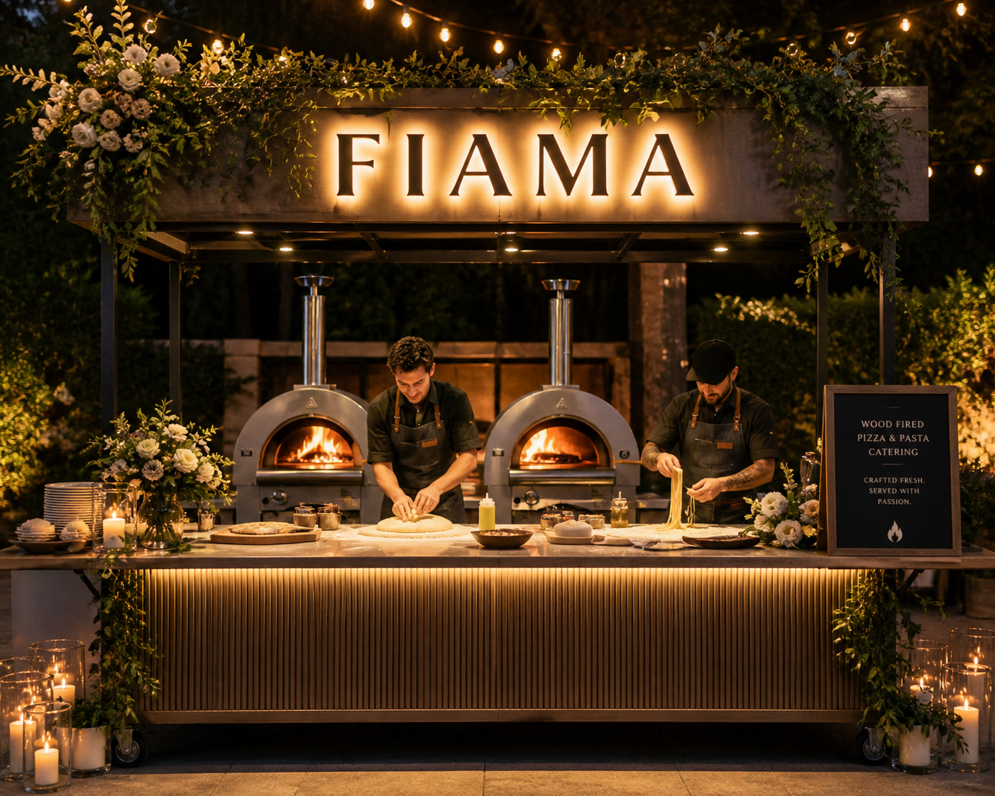 Fiama wood-fired pizza and pasta catering station with twin ovens, illuminated FIAMA sign, candles and florals at an evening wedding