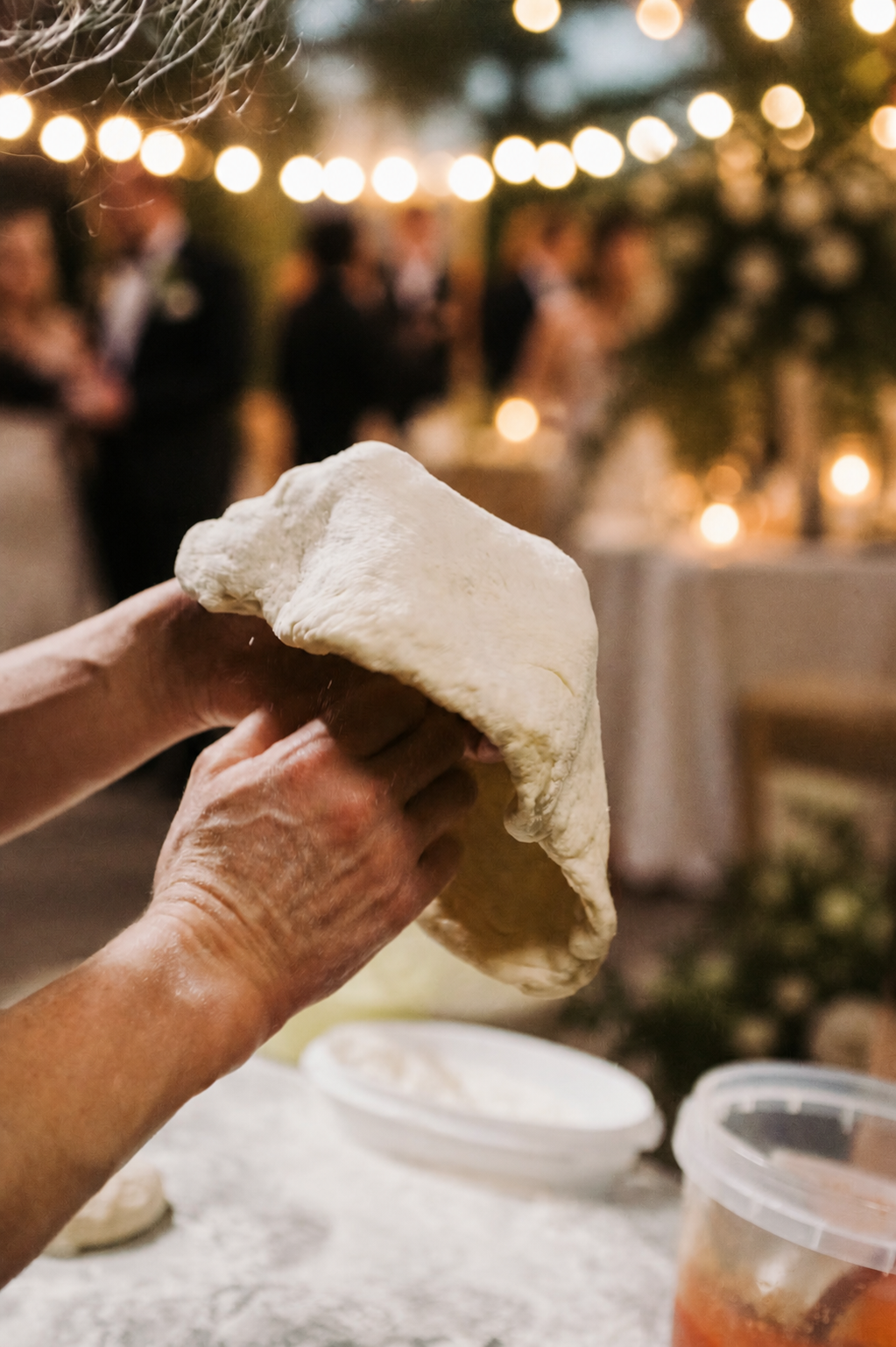 Chef hand-stretching pizza dough at outdoor wedding